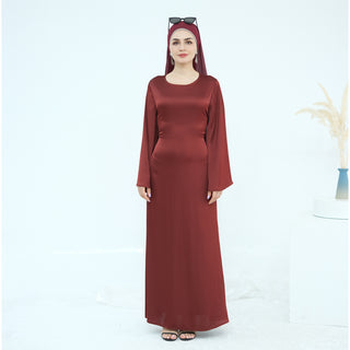 1967#Premium Solid Color Maxi Satin Dress Big Sleeve Belt Tied at Back Modest Abaya Women Muslim Long Dress