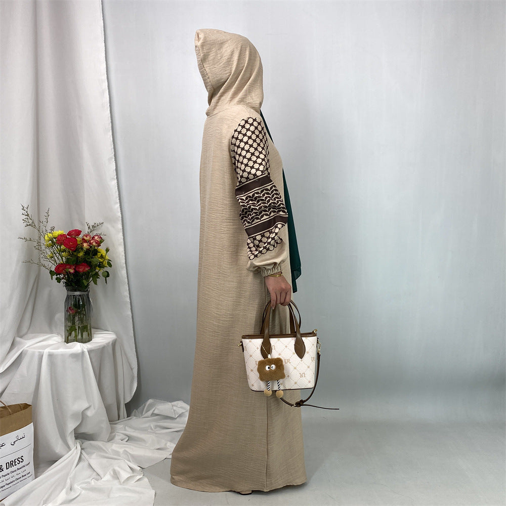 6827#Elegant Soft Linen Abaya Robe With Palestine Keffiyeh Printed Sleeve Detailing Modest Islamic Women Clothing