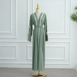 1033#EID Ramadan Modest Muslim Women's Abaya Dress Solid Color Bow Sleeves Cardigan Open Kimono