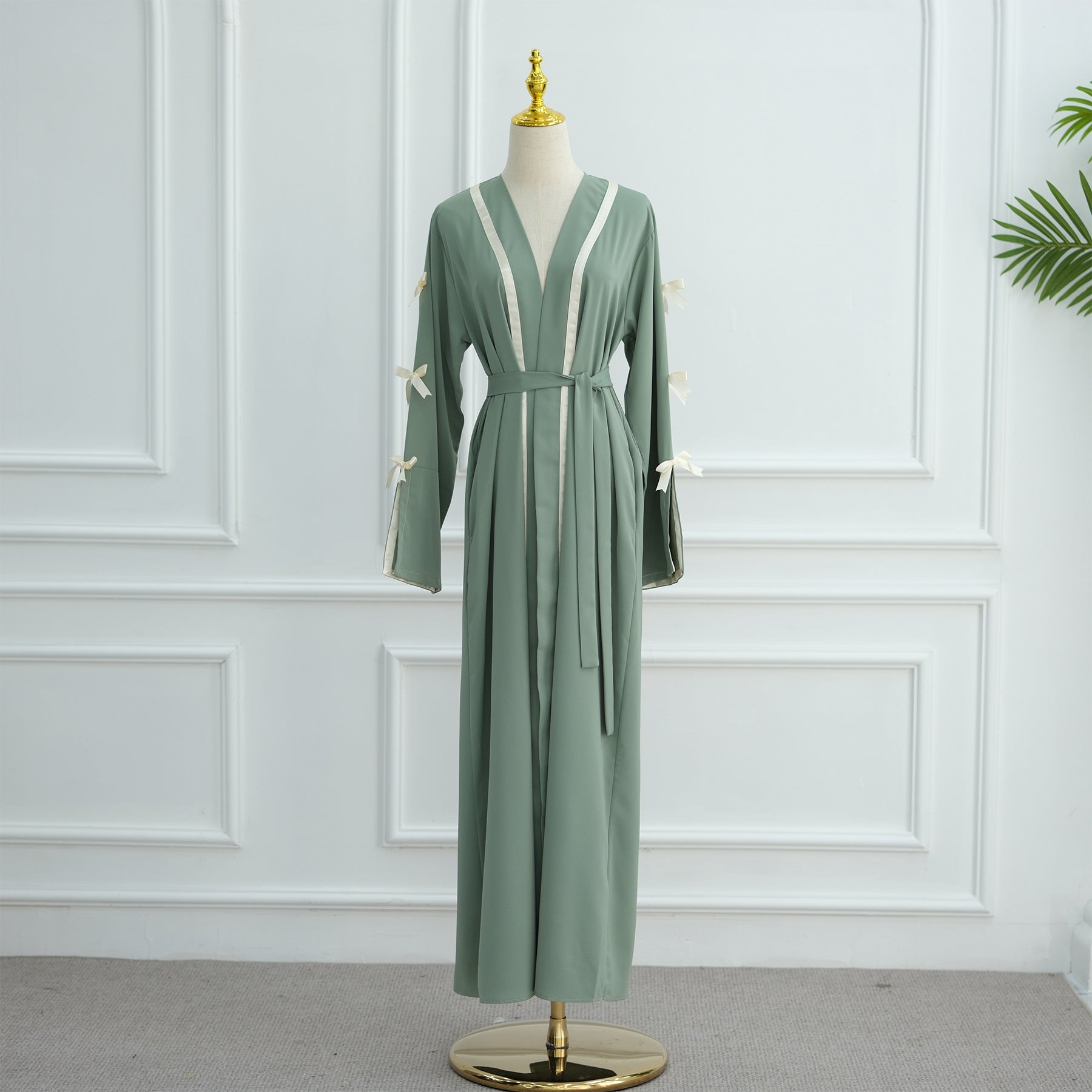 1033#EID Ramadan Modest Muslim Women's Abaya Dress Solid Color Bow Sleeves Cardigan Open Kimono