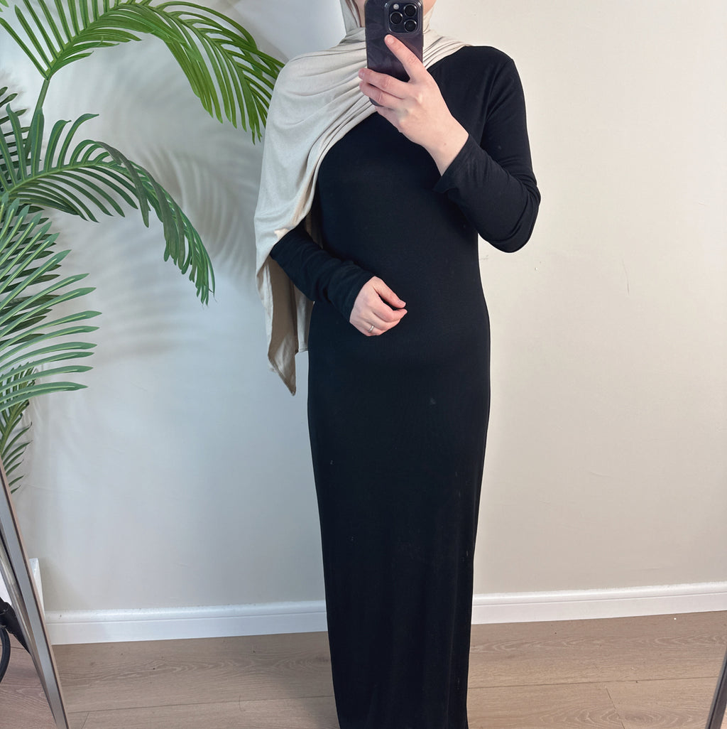 1933#2025 New Cotton Spandex Bodycon Inner Dress Abaya Women Muslim Dress Round Neck Long Sleeves Stretchy Women Dresses
