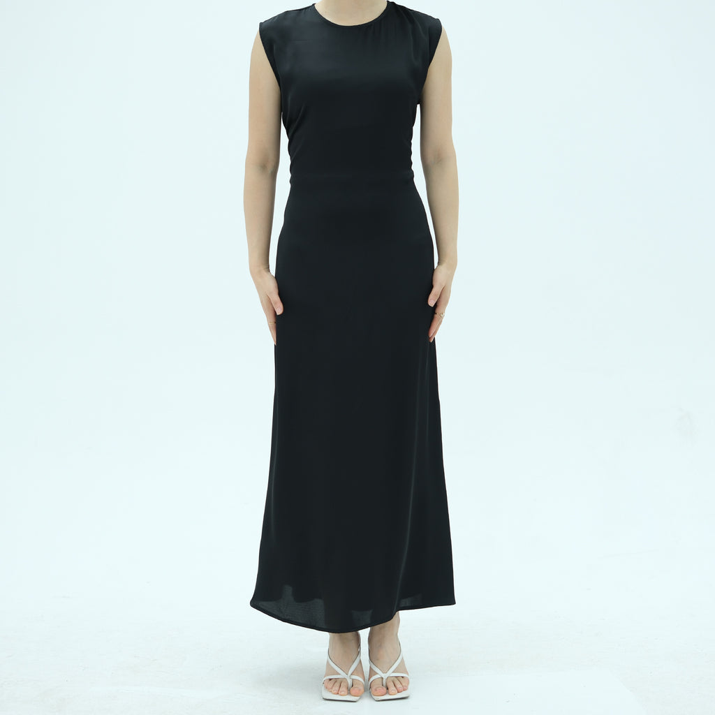 1996#2025 Women's Modest Sleeveless Satin Abaya Dress Basic Inner Slip Back Drawstring Belt Traditional Muslim Clothing