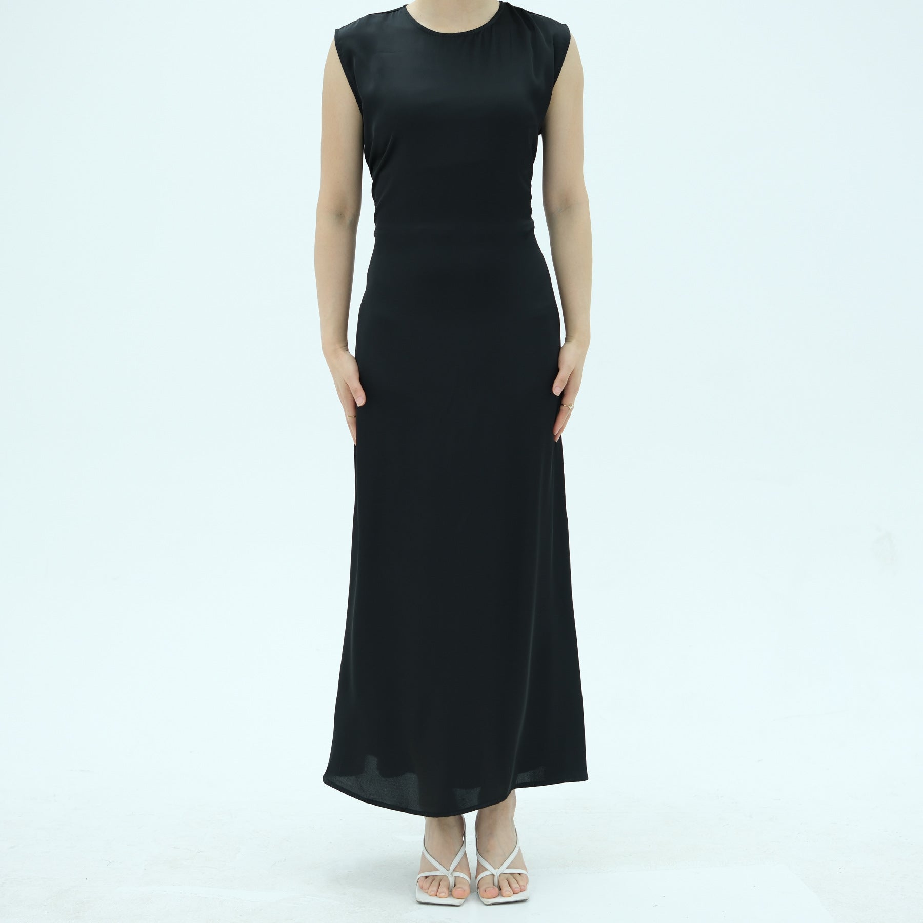 1996#2025 Women's Modest Sleeveless Satin Abaya Dress Basic Inner Slip Back Drawstring Belt Traditional Muslim Clothing