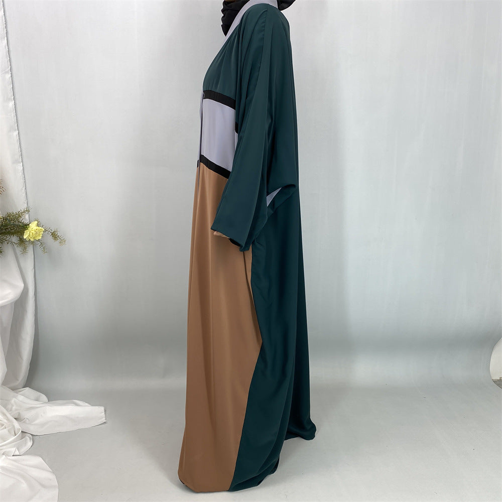 1459#Latest Muslim Open Abaya Robe Dubai Islamic Bat Sleeve Patchwork Color