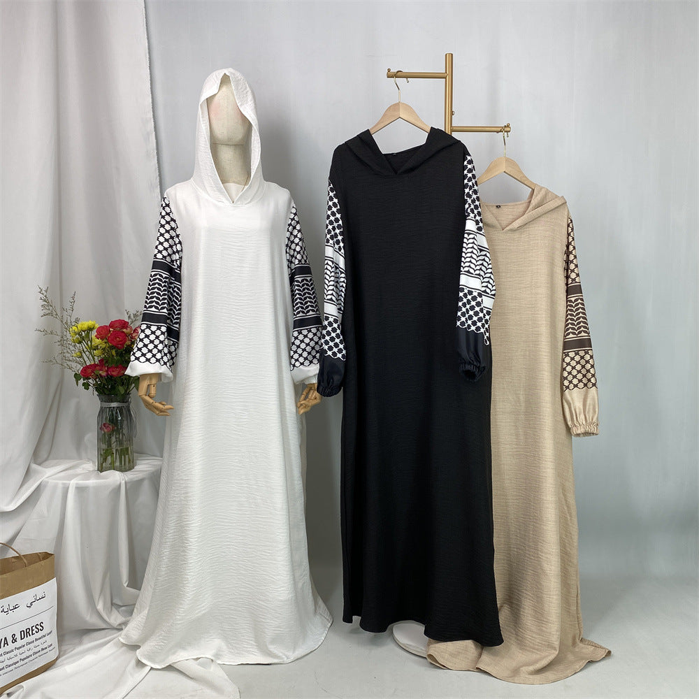6827#Elegant Soft Linen Abaya Robe With Palestine Keffiyeh Printed Sleeve Detailing Modest Islamic Women Clothing