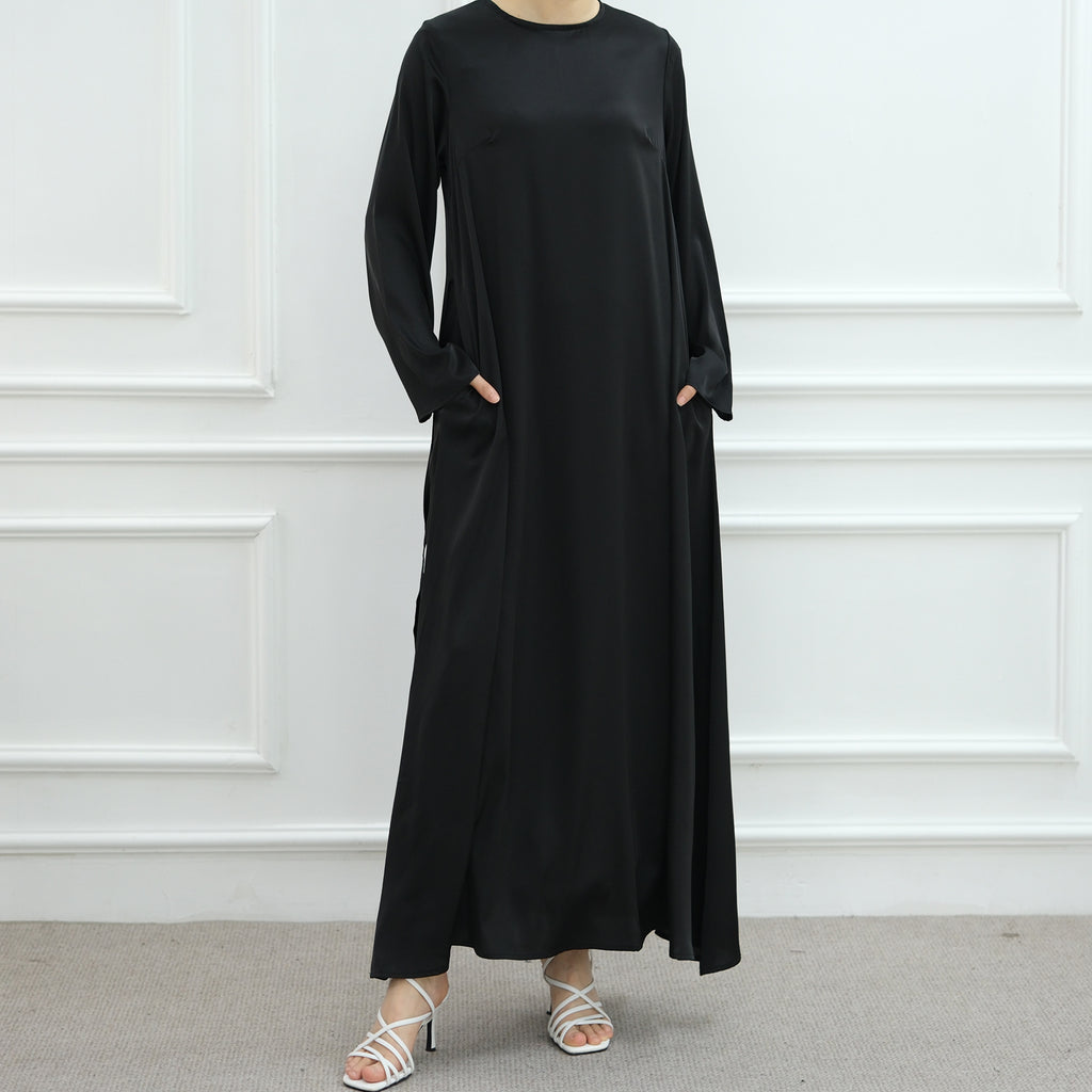 1065#2025 Islamic Clothing Modest Satin Closed Abaya Women Muslim Dress Long Sleeve Maxi Dress Inner Women's Dresses