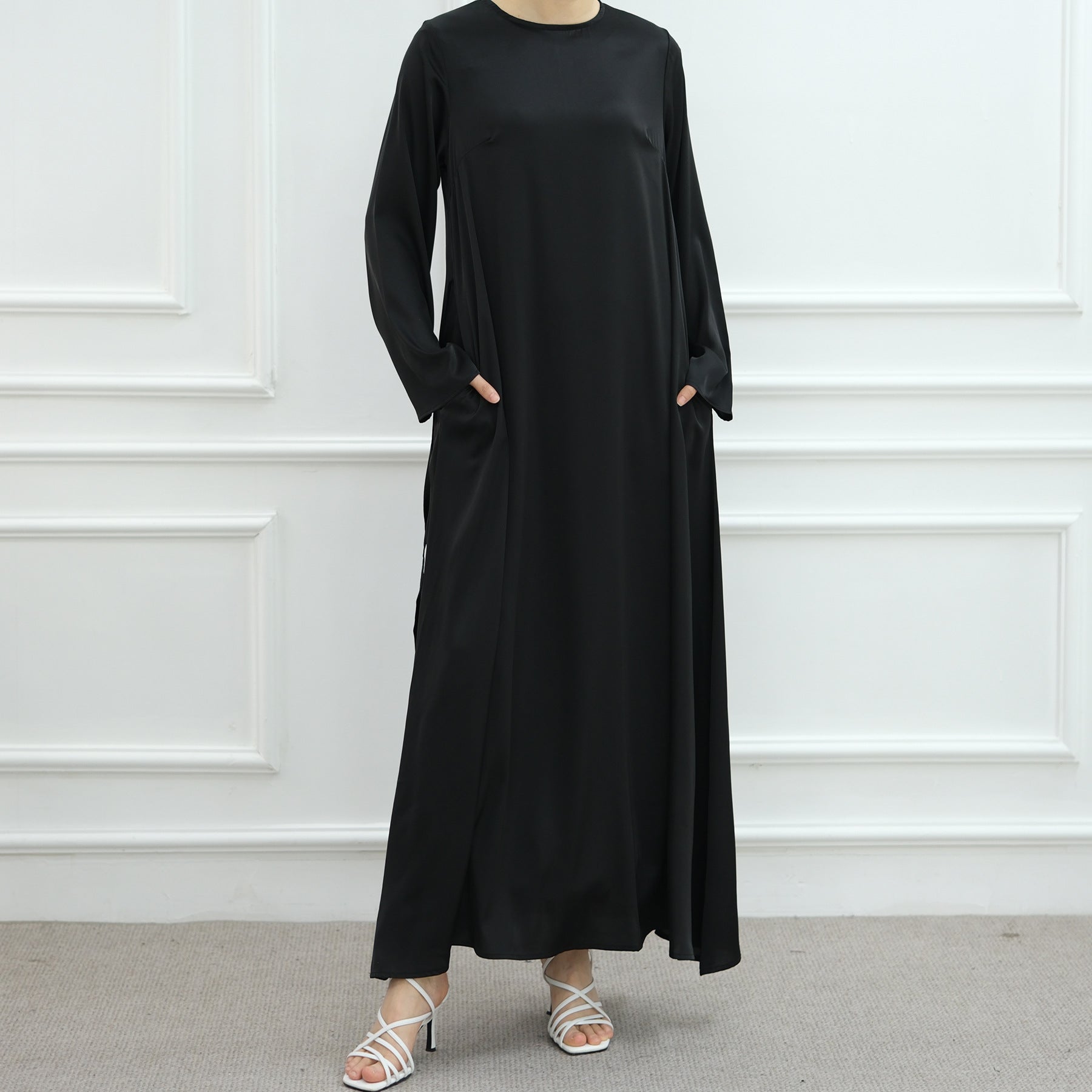 1065#2025 Islamic Clothing Modest Satin Closed Abaya Women Muslim Dress Long Sleeve Maxi Dress Inner Women's Dresses