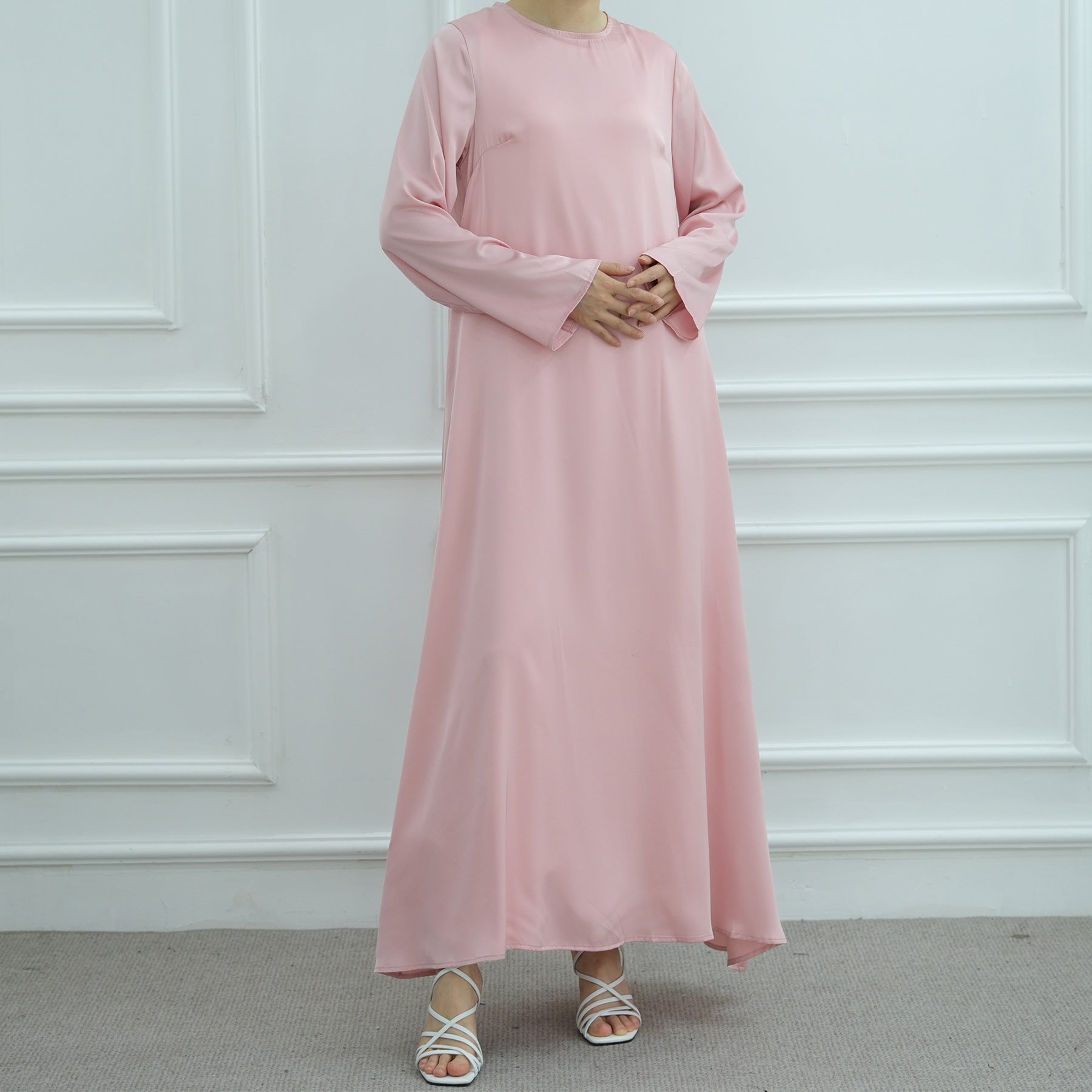 1065#2025 Islamic Clothing Modest Satin Closed Abaya Women Muslim Dress Long Sleeve Maxi Dress Inner Women's Dresses