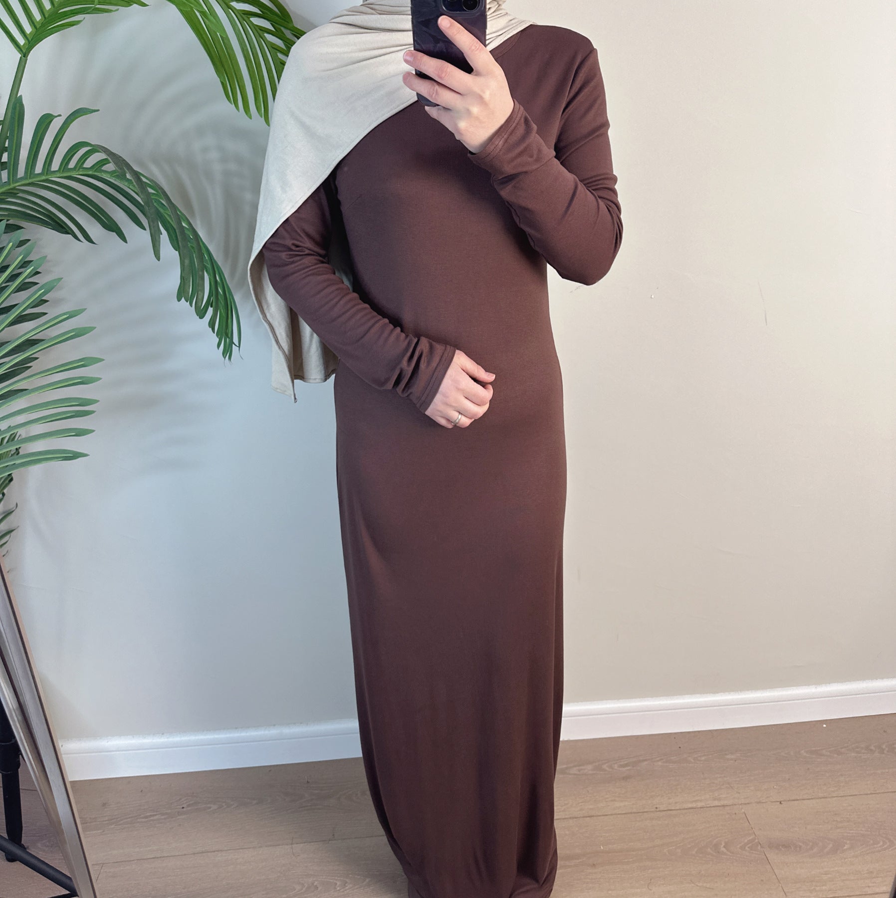 1933#2025 New Cotton Spandex Bodycon Inner Dress Abaya Women Muslim Dress Round Neck Long Sleeves Stretchy Women Dresses