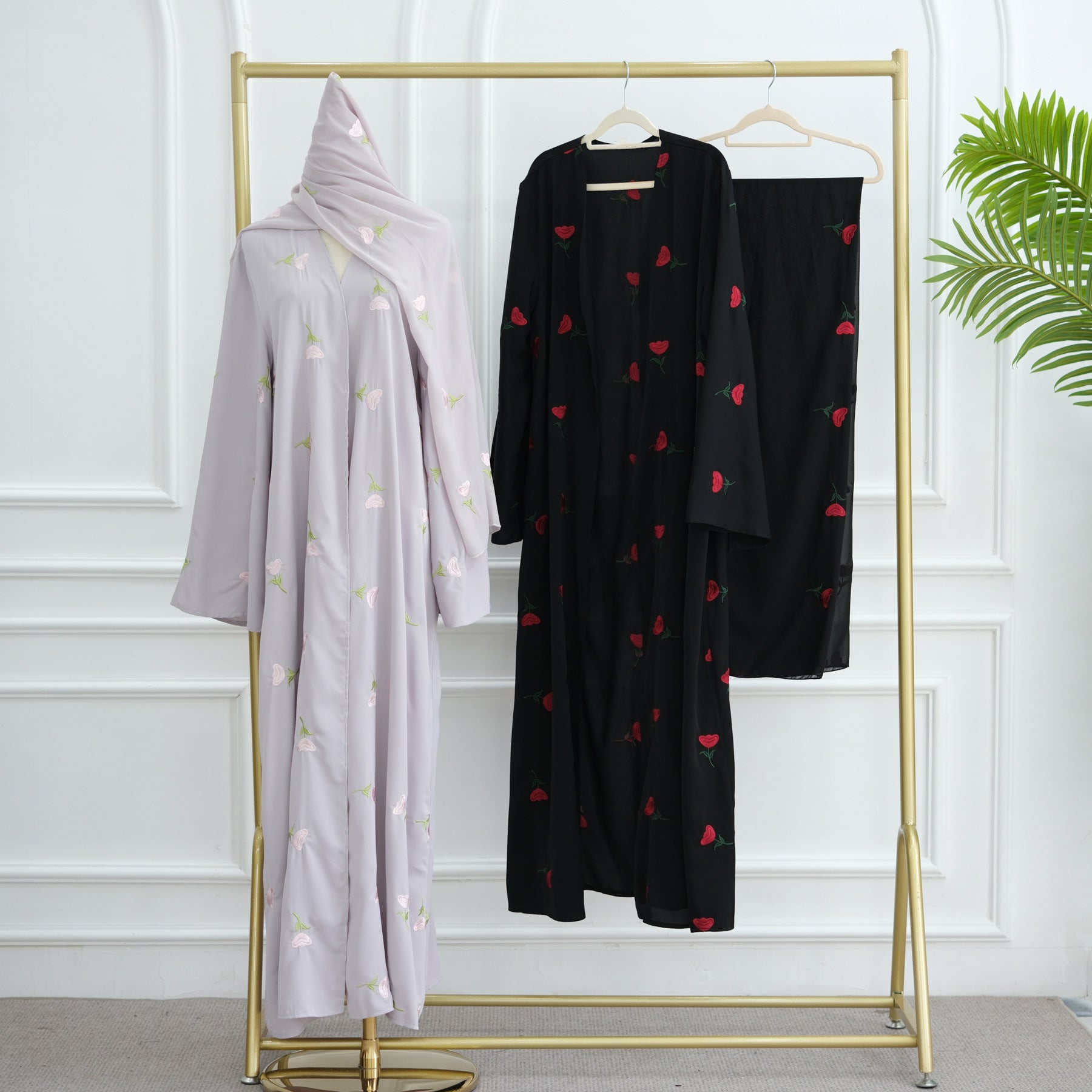 1064#2025 Women's Summer Floral Embroidery Abaya Hijab Set Abaya Manufacturer 2 Pcs Set Islamic Clothing Muslim Women Abaya