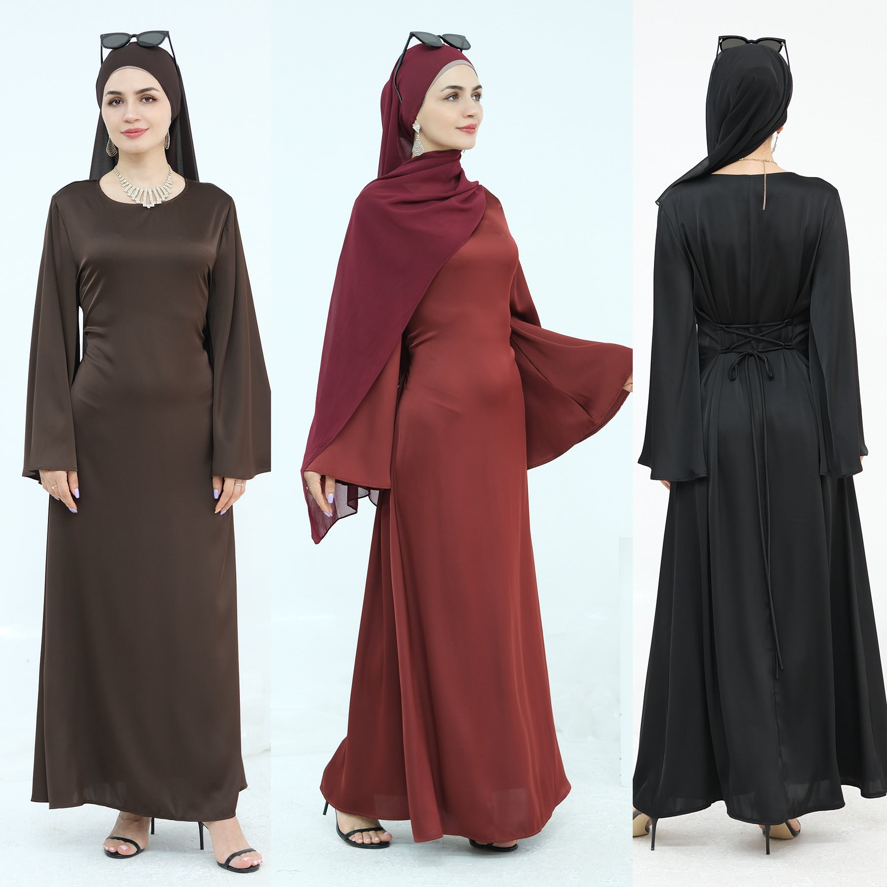 1967#Premium Solid Color Maxi Satin Dress Big Sleeve Belt Tied at Back Modest Abaya Women Muslim Long Dress