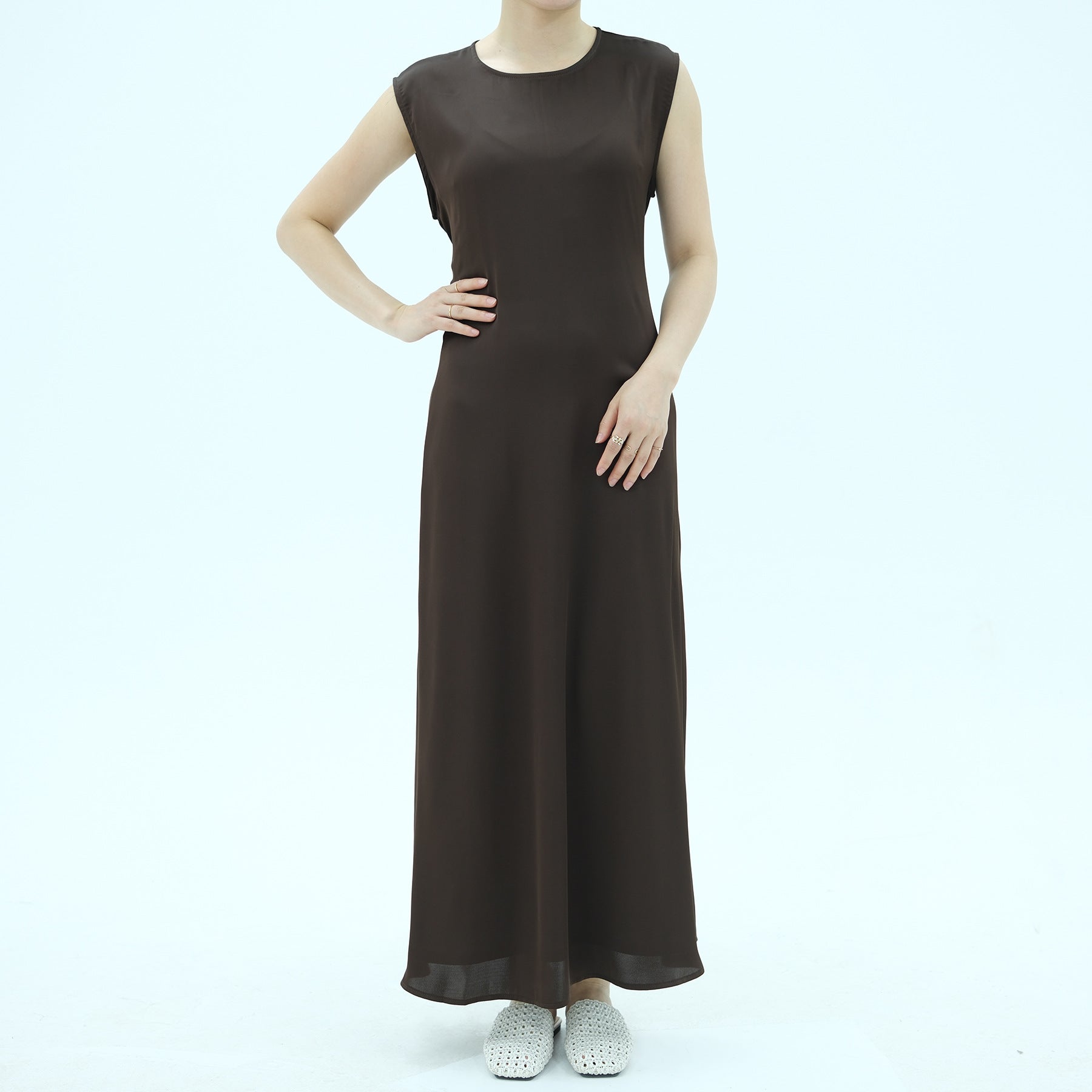 1996#2025 Women's Modest Sleeveless Satin Abaya Dress Basic Inner Slip Back Drawstring Belt Traditional Muslim Clothing