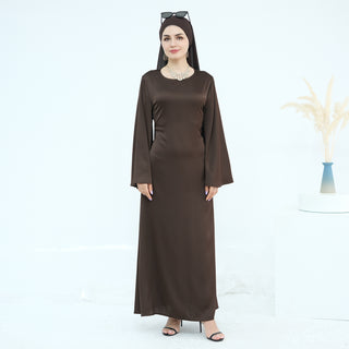 1967#Premium Solid Color Maxi Satin Dress Big Sleeve Belt Tied at Back Modest Abaya Women Muslim Long Dress