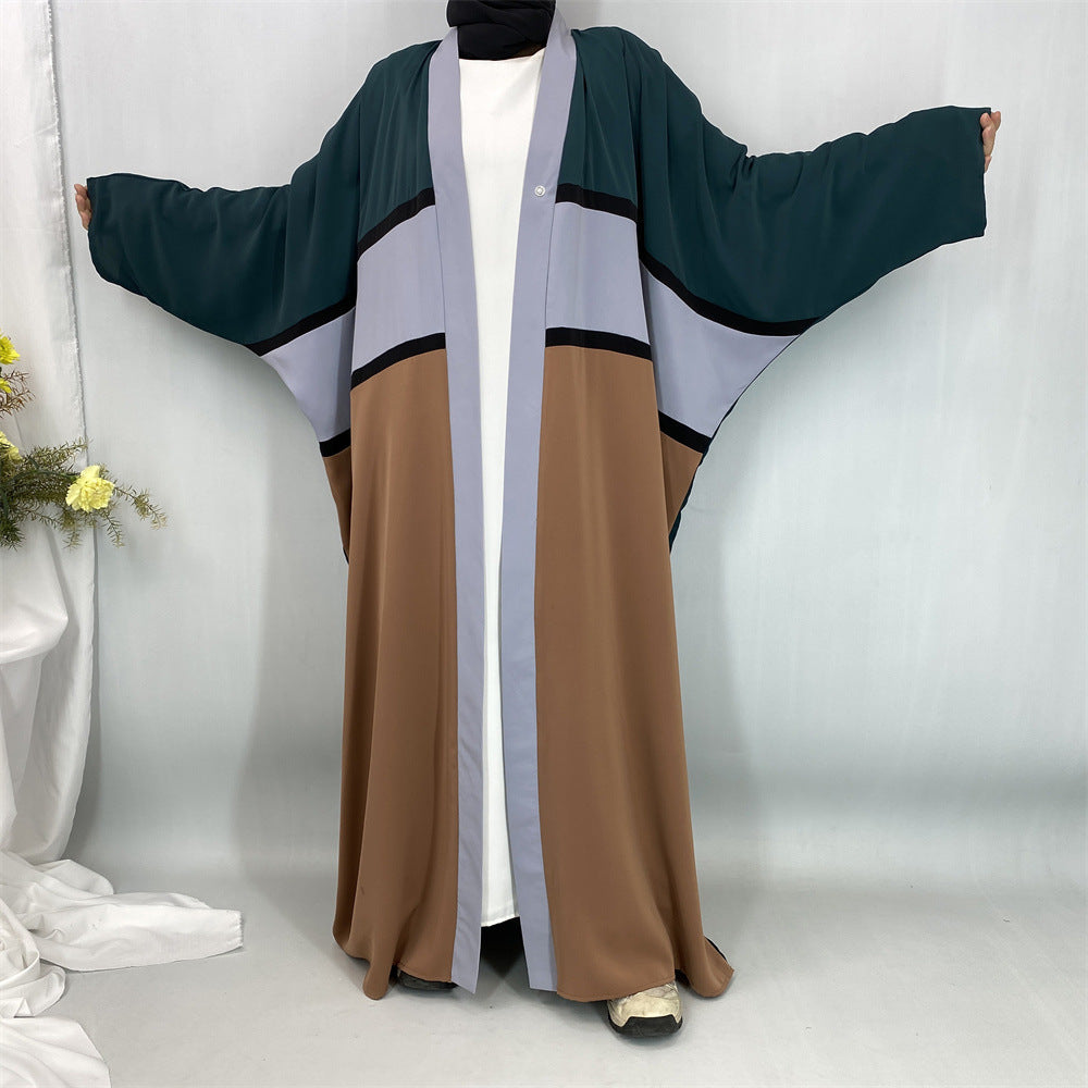 1459#Latest Muslim Open Abaya Robe Dubai Islamic Bat Sleeve Patchwork Color