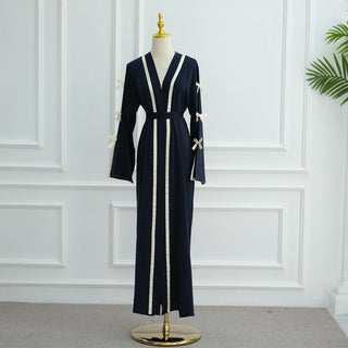 1033#EID Ramadan Modest Muslim Women's Abaya Dress Solid Color Bow Sleeves Cardigan Open Kimono
