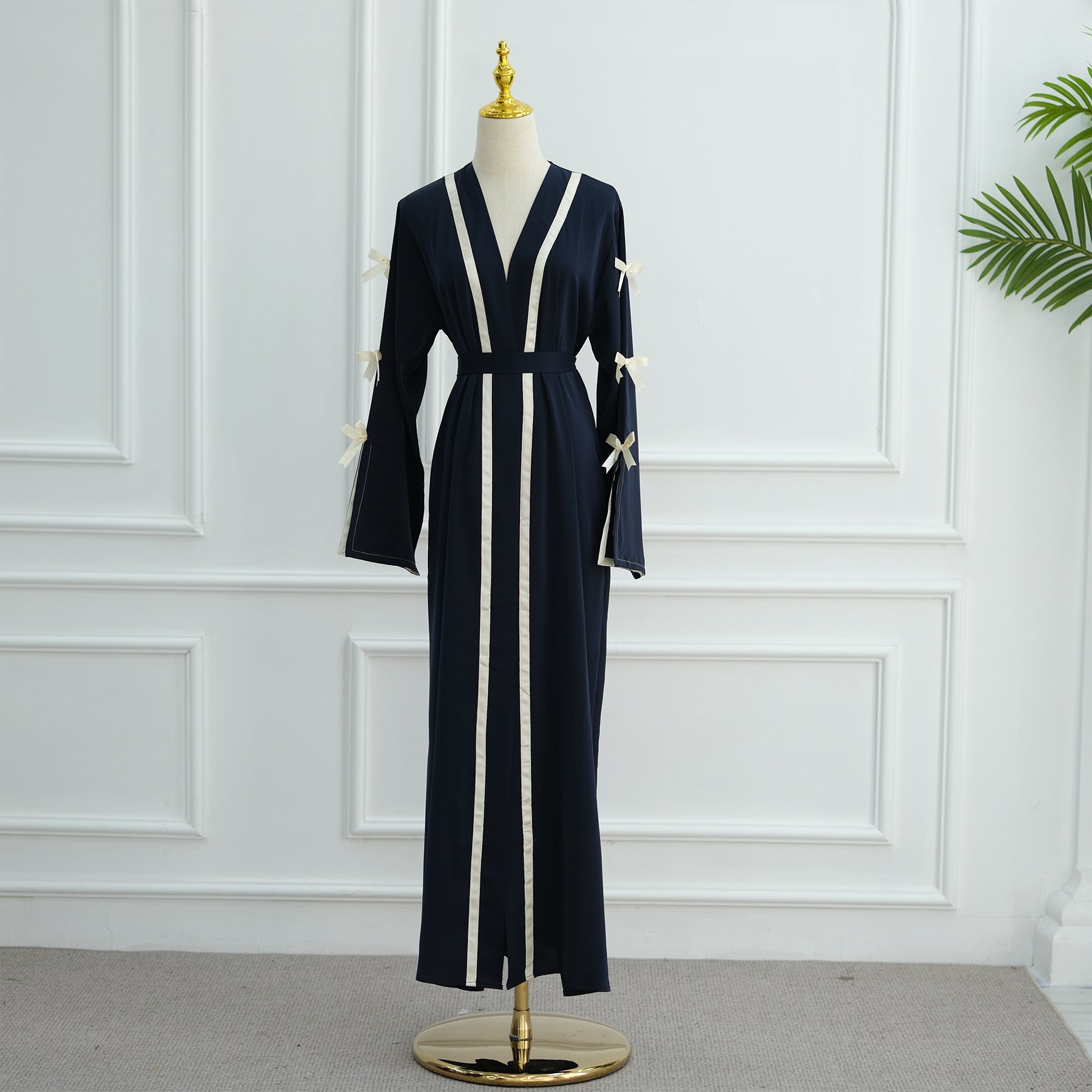 1033#EID Ramadan Modest Muslim Women's Abaya Dress Solid Color Bow Sleeves Cardigan Open Kimono