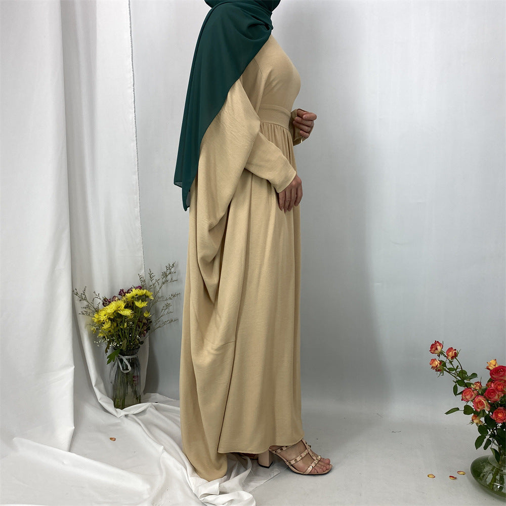 6836#Basic Butterfly Sleeve Closed Abaya Dress Solid Color with Inside Belt for Muslim Ladies