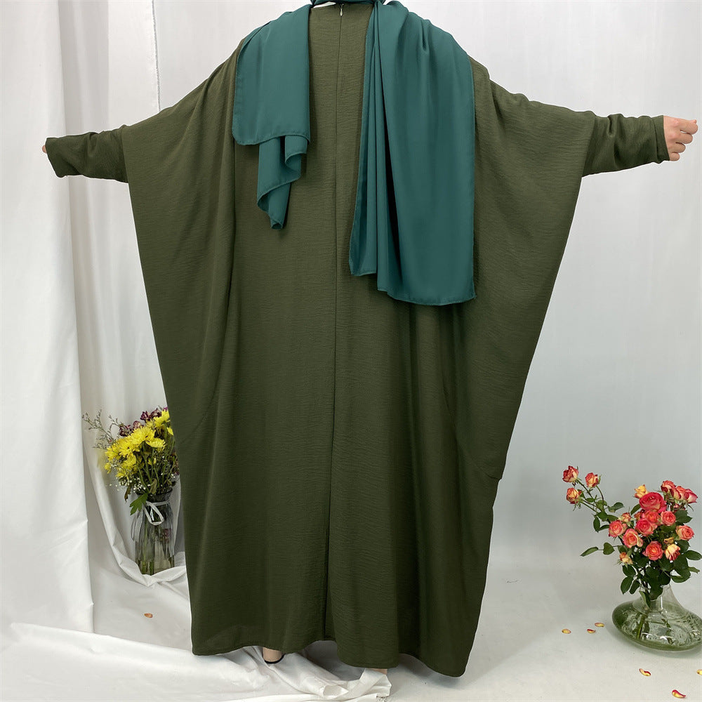 6836#Basic Butterfly Sleeve Closed Abaya Dress Solid Color with Inside Belt for Muslim Ladies