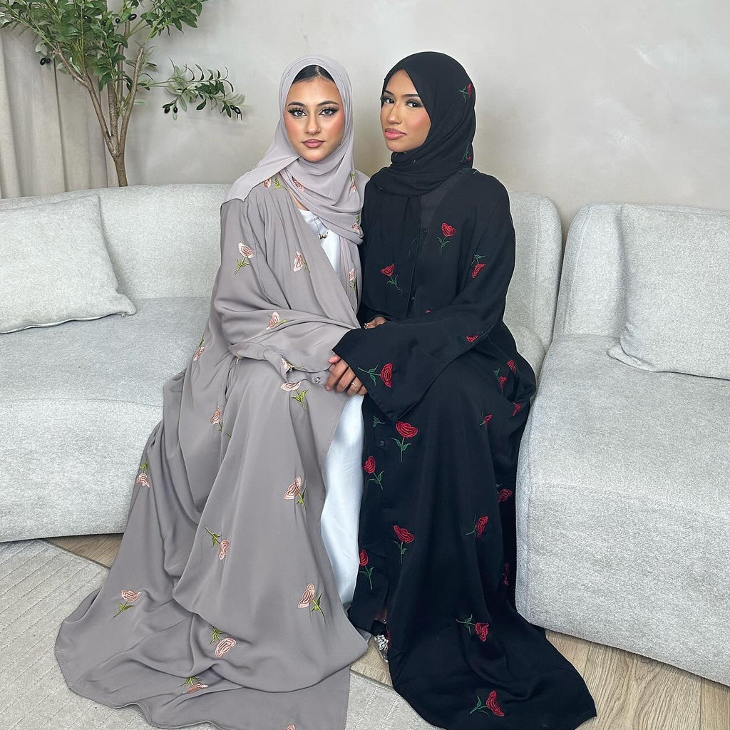 1064#2025 Women's Summer Floral Embroidery Abaya Hijab Set Abaya Manufacturer 2 Pcs Set Islamic Clothing Muslim Women Abaya