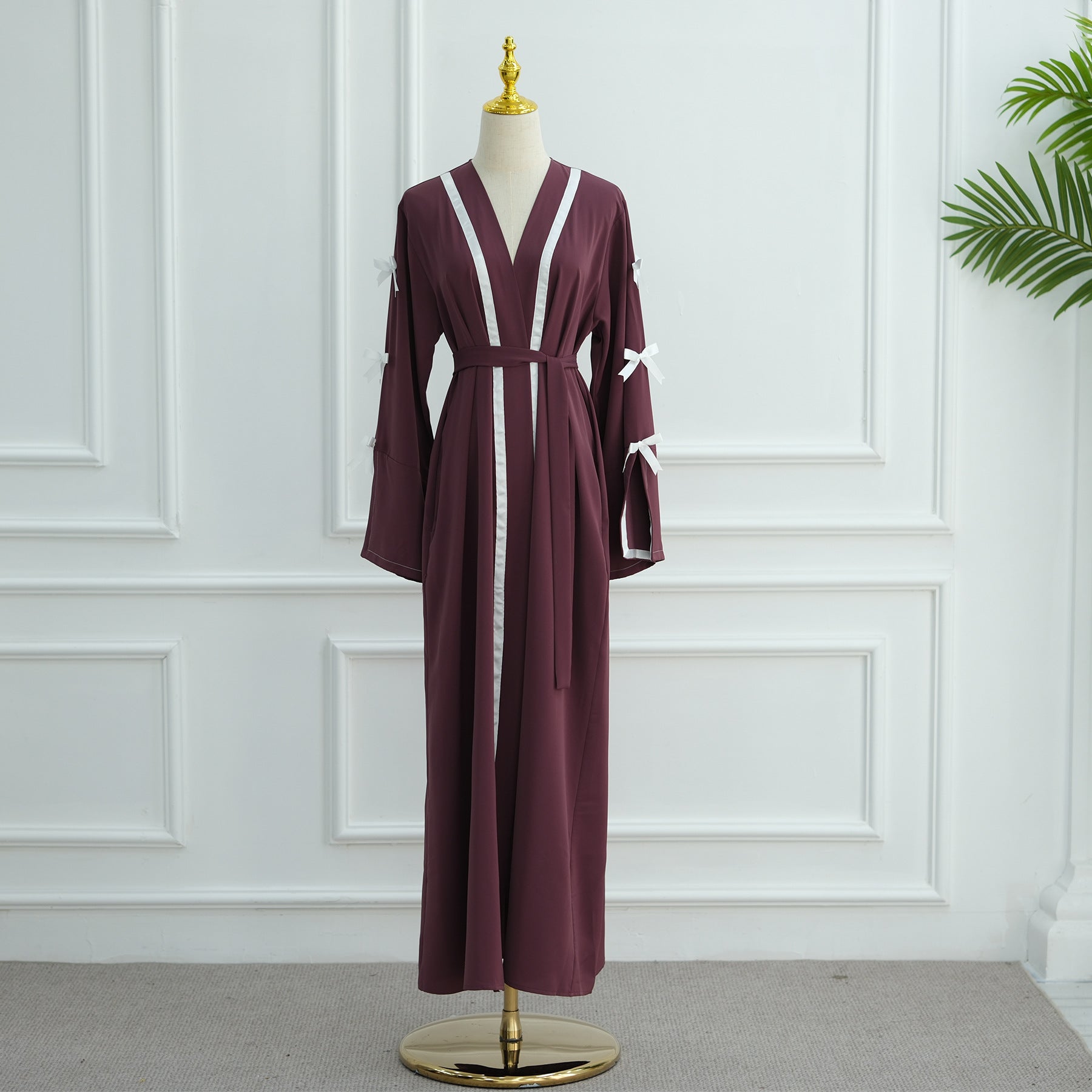 1033#EID Ramadan Modest Muslim Women's Abaya Dress Solid Color Bow Sleeves Cardigan Open Kimono