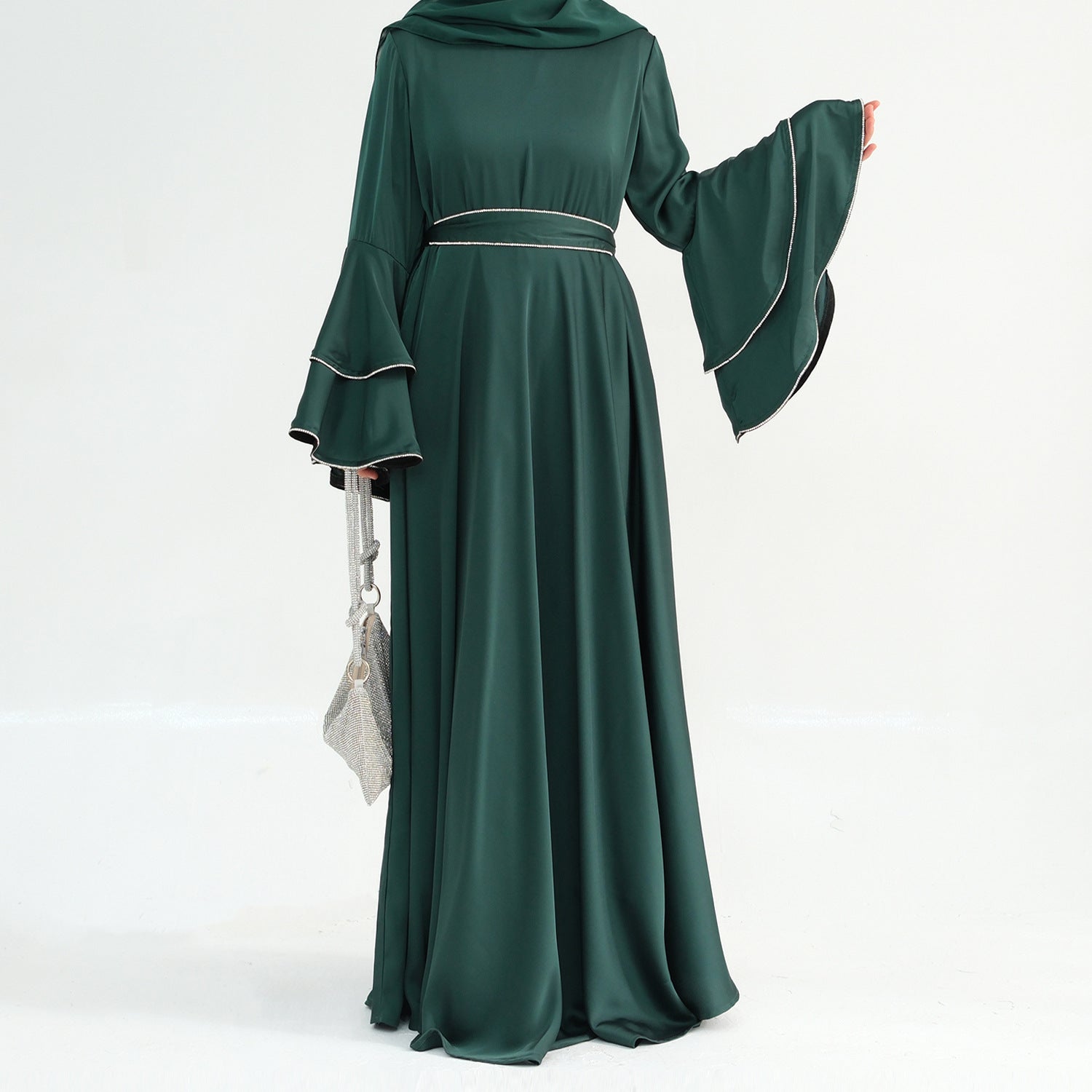 1935#2025 Luxury Modest Women's Abaya Muslim Dresses High Quality Double Layered Bell Sleeves With Crystals for EID Ramadan