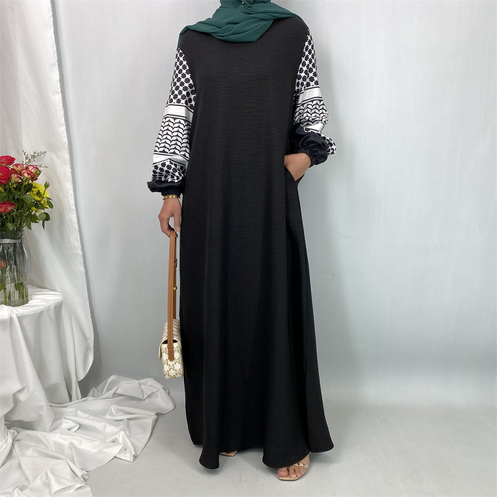 6827#Elegant Soft Linen Abaya Robe With Palestine Keffiyeh Printed Sleeve Detailing Modest Islamic Women Clothing