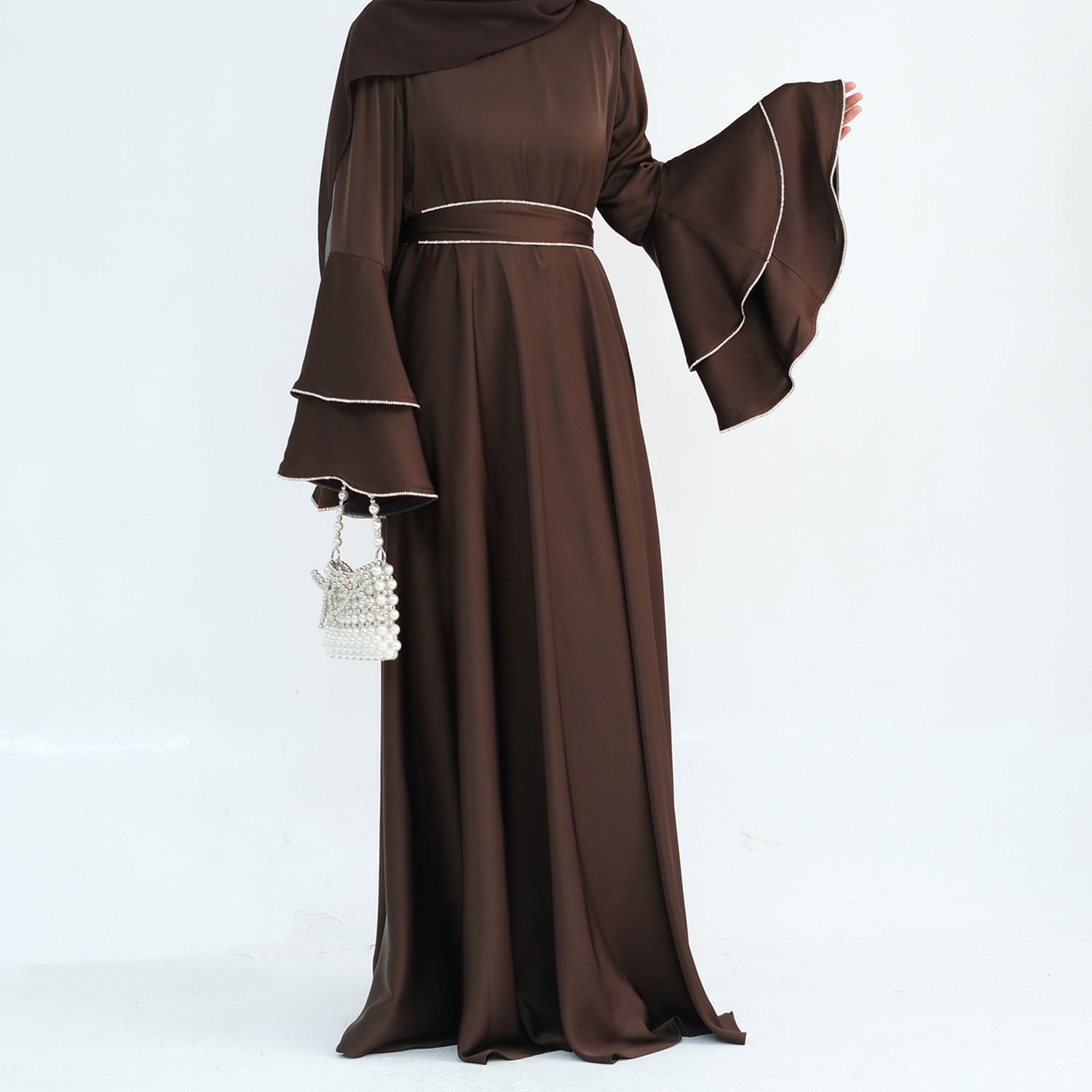 1935#2025 Luxury Modest Women's Abaya Muslim Dresses High Quality Double Layered Bell Sleeves With Crystals for EID Ramadan