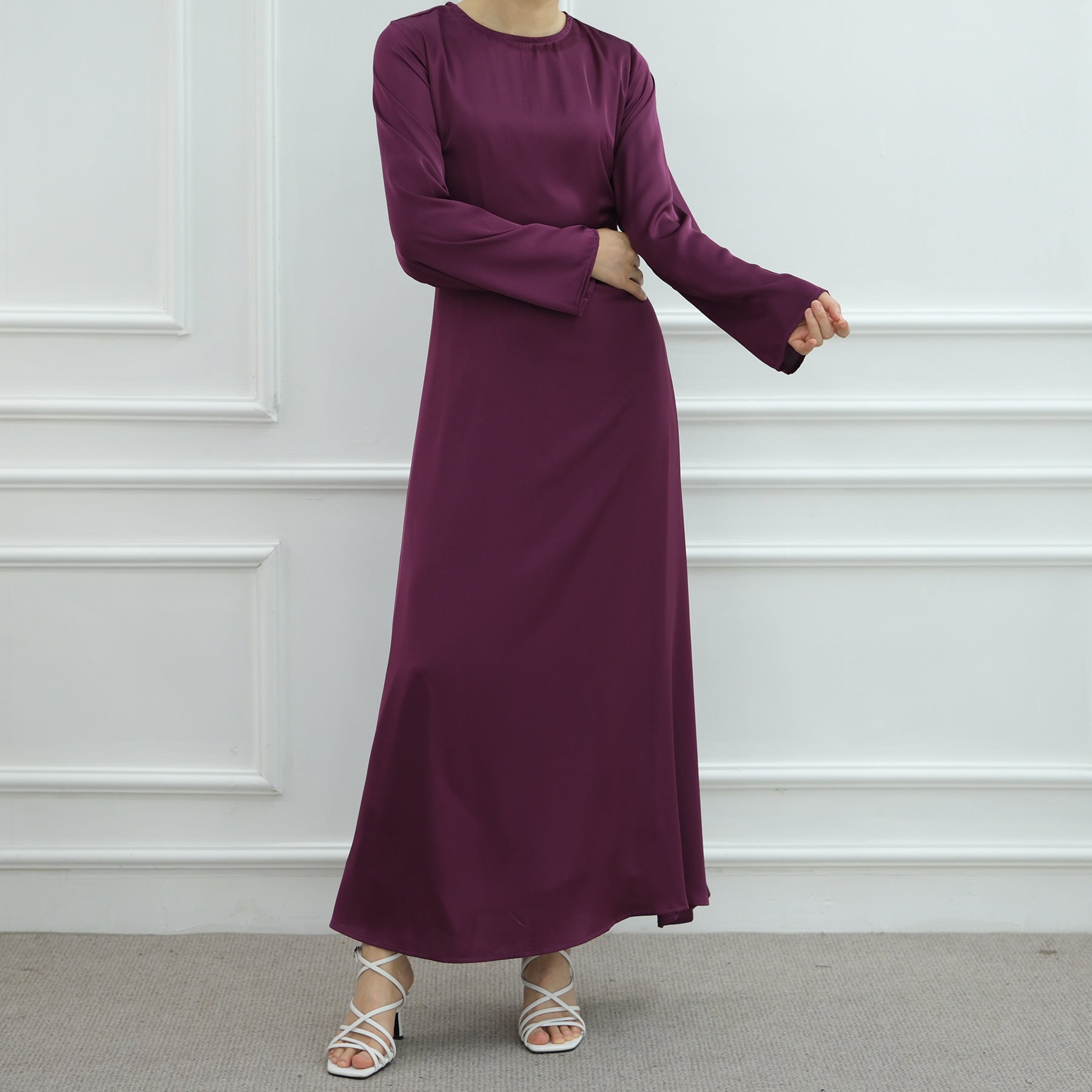 1065#2025 Islamic Clothing Modest Satin Closed Abaya Women Muslim Dress Long Sleeve Maxi Dress Inner Women's Dresses