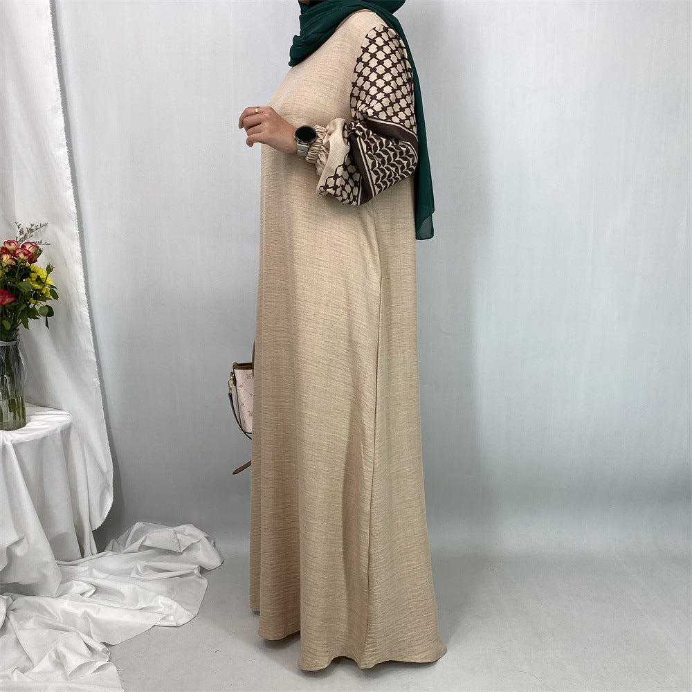 6827#Elegant Soft Linen Abaya Robe With Palestine Keffiyeh Printed Sleeve Detailing Modest Islamic Women Clothing
