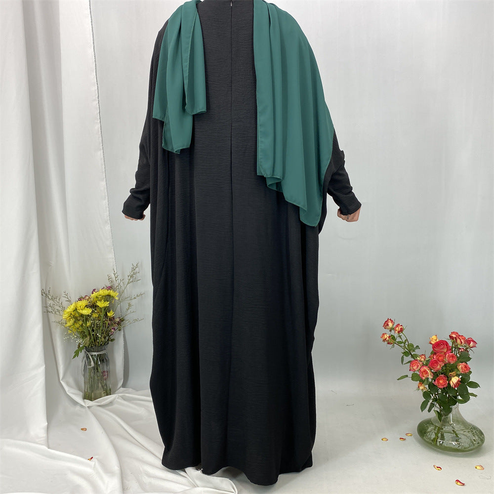 6836#Basic Butterfly Sleeve Closed Abaya Dress Solid Color with Inside Belt for Muslim Ladies