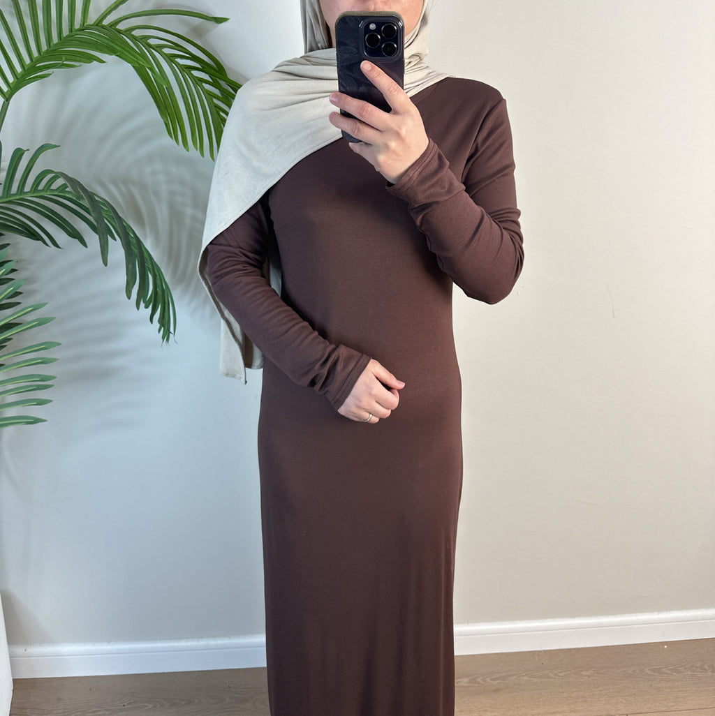 1933#2025 New Cotton Spandex Bodycon Inner Dress Abaya Women Muslim Dress Round Neck Long Sleeves Stretchy Women Dresses