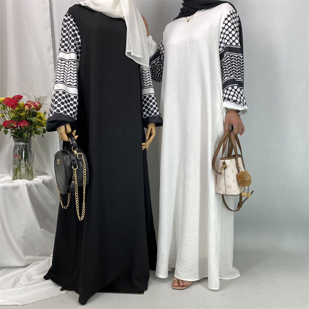 6827#Elegant Soft Linen Abaya Robe With Palestine Keffiyeh Printed Sleeve Detailing Modest Islamic Women Clothing