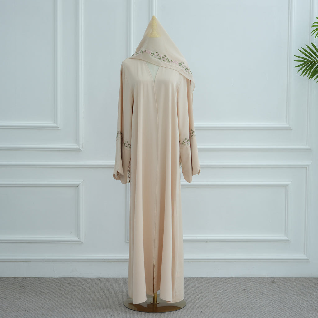 1068#Top Abaya Manufacturers Islamic Clothing Dubai Abaya and Hijab Embroidery Sleeves 2pcs Set Summer Modest Open Abaya