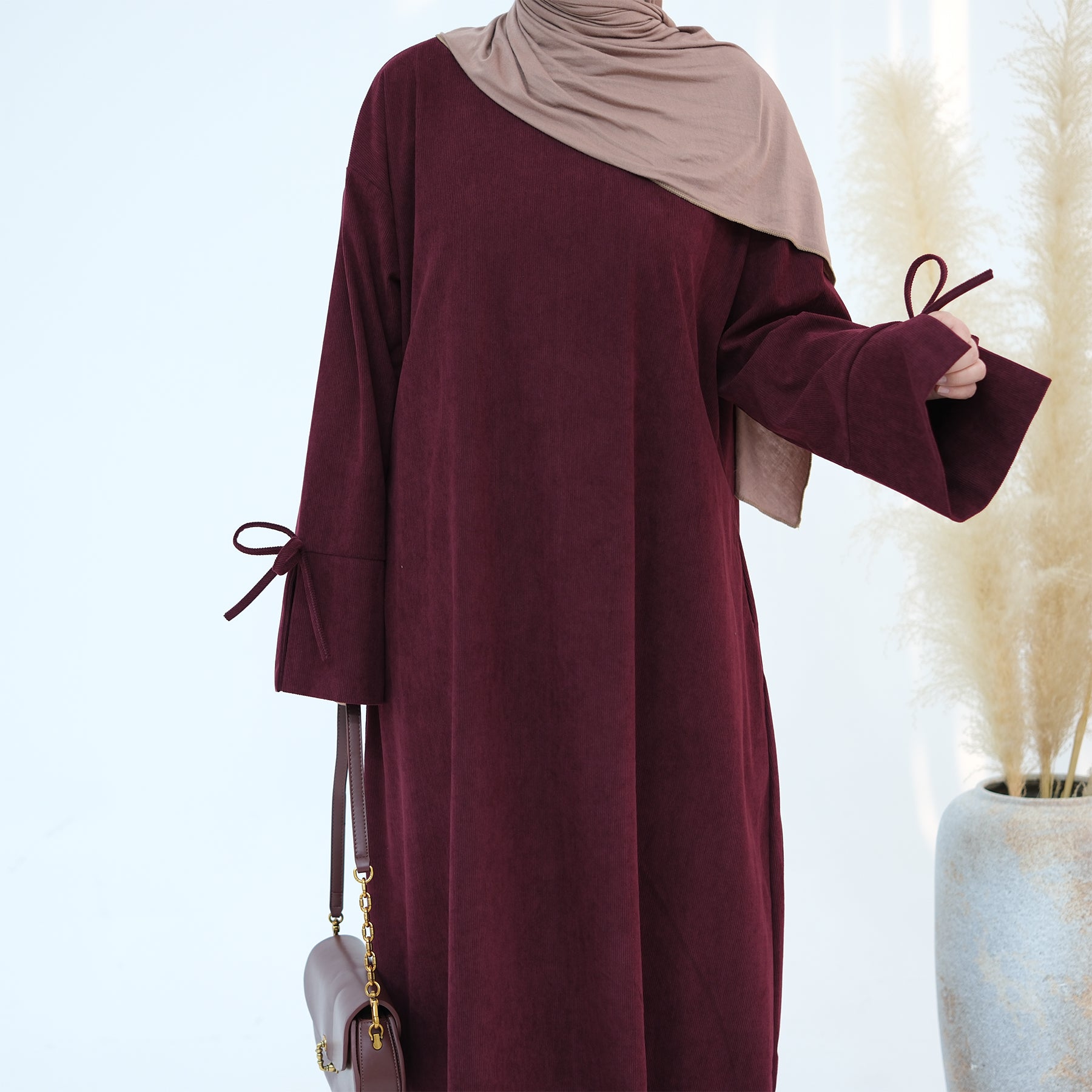 1925#Winter Thin Corduroy Bowknit Modest Abaya Robe Elegant Muslim Women  Closed Abaya with Pocket