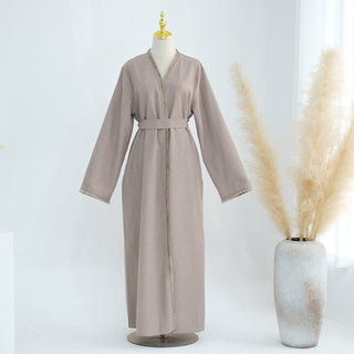 1865# Ethnic Clothing Polyester Linen Open Abaya with Tassel Modest Kimono Wholesale Abaya