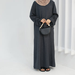 1833#Hot Selling Women Abaya Ruched Sleeve Long Dress Solid Color Breathable Closed Abaya Women Muslim Dress