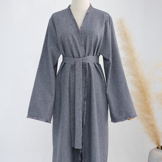 1865# Ethnic Clothing Polyester Linen Open Abaya with Tassel Modest Kimono Wholesale Abaya