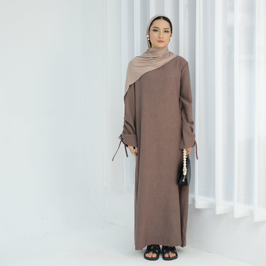1833#Hot Selling Women Abaya Ruched Sleeve Long Dress Solid Color Breathable Closed Abaya Women Muslim Dress