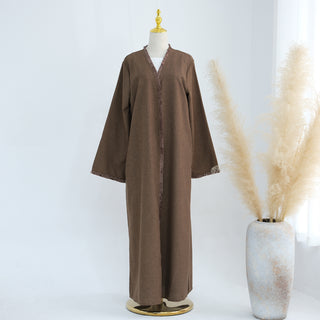 1865# Ethnic Clothing Polyester Linen Open Abaya with Tassel Modest Kimono Wholesale Abaya