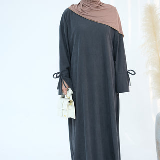 1925#Winter Thin Corduroy Bowknit Modest Abaya Robe Elegant Muslim Women  Closed Abaya with Pocket