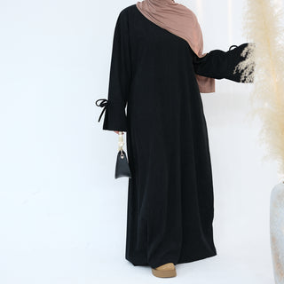 1925#Winter Thin Corduroy Bowknit Modest Abaya Robe Elegant Muslim Women  Closed Abaya with Pocket