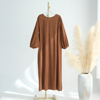 1919#New Winter Abaya Round Neck Balloon Sleeves Solid Color Cordury Closed Abaya Women Dresses