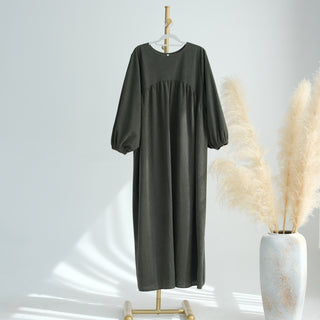 1919#New Winter Abaya Round Neck Balloon Sleeves Solid Color Cordury Closed Abaya Women Dresses