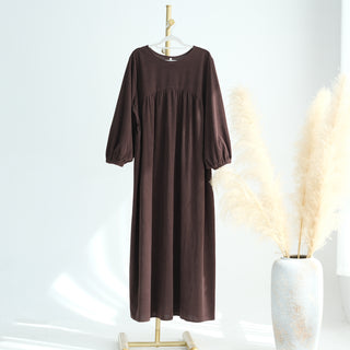 1919#New Winter Abaya Round Neck Balloon Sleeves Solid Color Cordury Closed Abaya Women Dresses