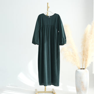 1919#New Winter Abaya Round Neck Balloon Sleeves Solid Color Cordury Closed Abaya Women Dresses