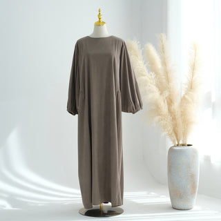 1919#New Winter Abaya Round Neck Balloon Sleeves Solid Color Cordury Closed Abaya Women Dresses