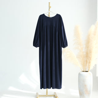 1919#New Winter Abaya Round Neck Balloon Sleeves Solid Color Cordury Closed Abaya Women Dresses