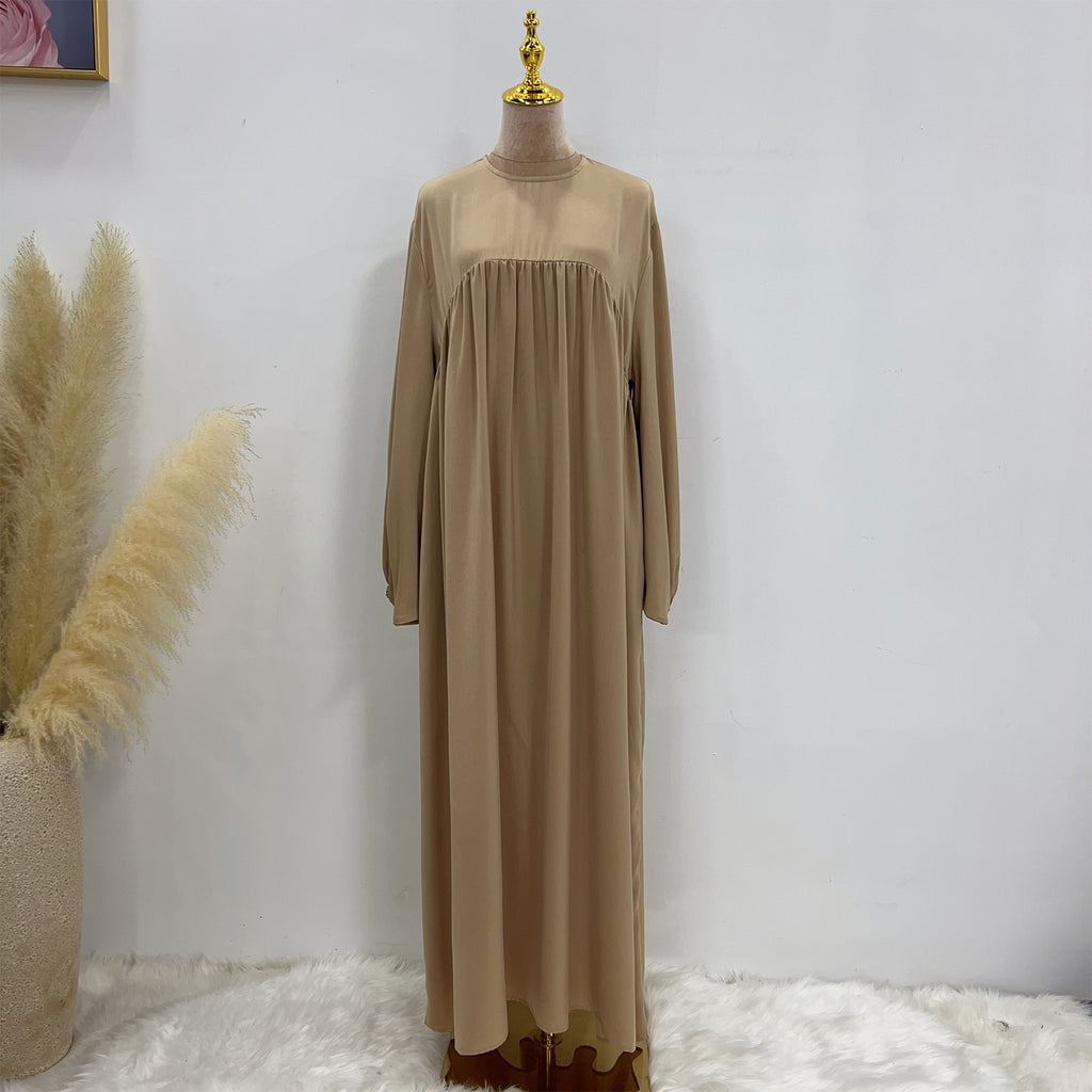 1592#High Quality Muslim Dress Puff Sleeve Soft Satin Plain Abaya