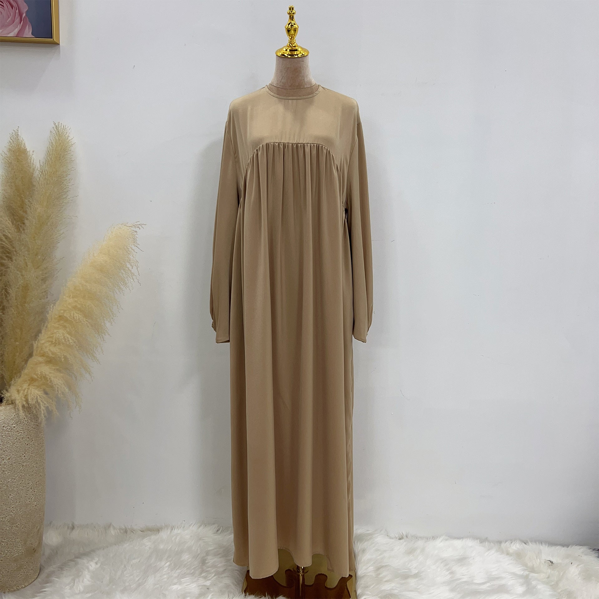 1592#High Quality Muslim Dress Puff Sleeve Soft Satin Plain Abaya