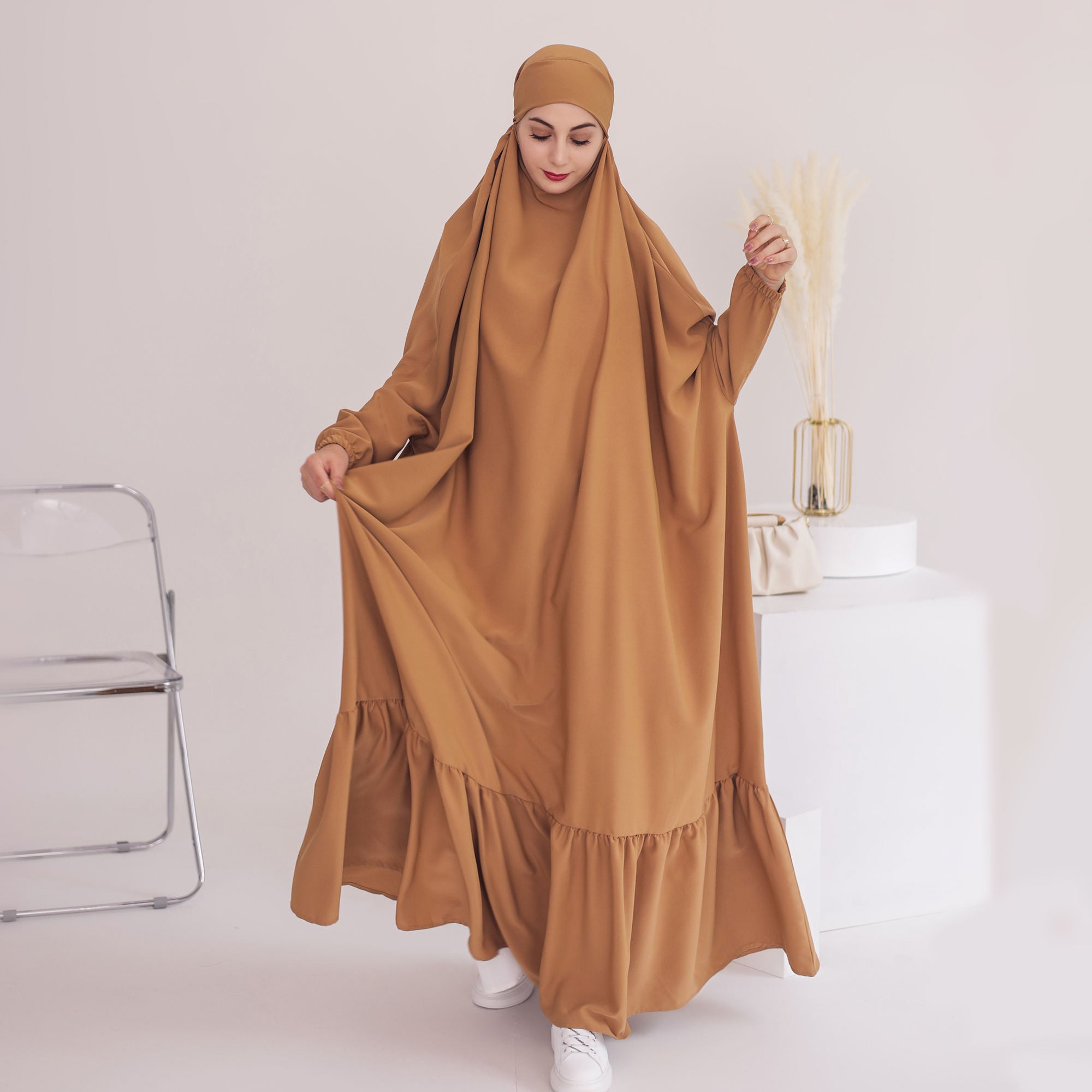 1617#EID New Prayer Abaya Ruffle Style Nida Jilbab_ Modest Dresses with Connected Hijab